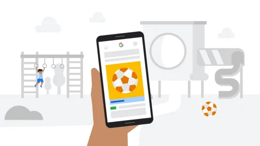 Illustratieve hand met telefoon waarop een Google advertentie te zien is