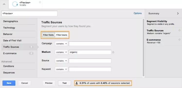 google analytics segment visits