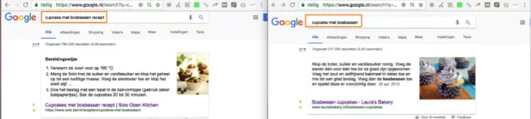 Er worden verschillende featured snippets getoond op meervoudige en enkelvoudige zoekopdrachten.