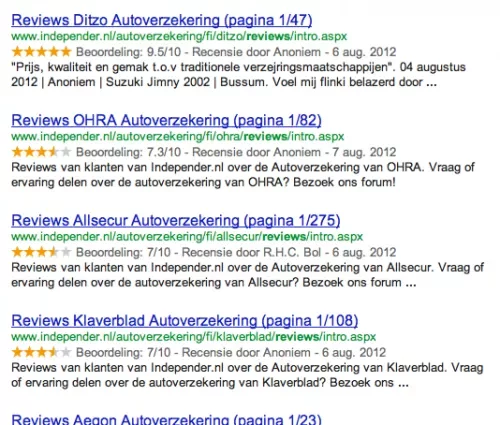 eerste pagina’s van gepagineerde serie in Google’s zoekresultaten