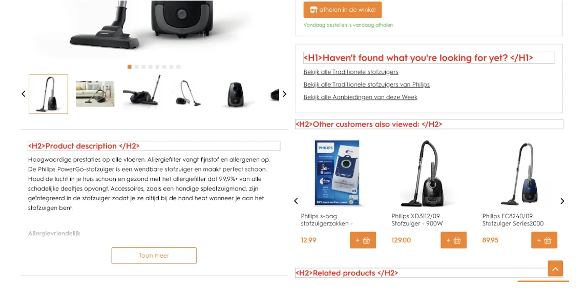 Productpagina boilerplate <h1>, <h2> HTML-tags