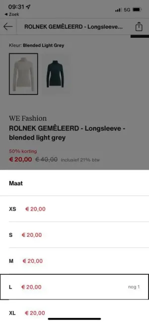 Zalando voorbeeld bijna uitverkochte items 