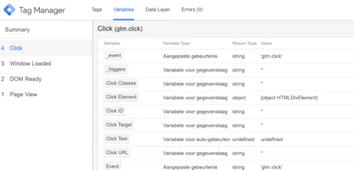 Variabelen tabblad Google Tag Manager
