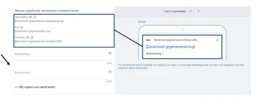 Dynamische zoek advertentie in Google Ads met dynamisch koppen en url